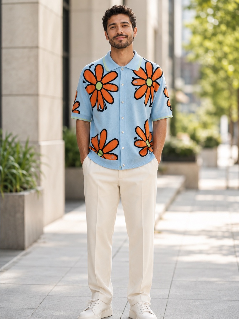 Wesc Light Blue Short-Sleeve Button-Down with Orange Floral Motif